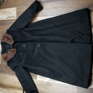 Stunning Vintage Black Wool With Fur Collar Trench Coat Size XL